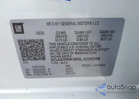 2020 Buick Enclave Fwd Essence z USA, uszkodzony, nr VIN 5GAERBKW5LJ236099